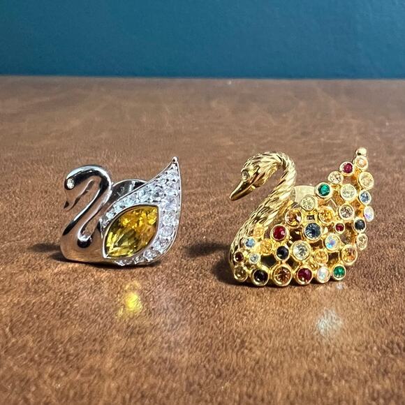 Vintage Swarovski Swan Lapel Tac Pins Gold Silver Rainbow Yellow Crystals Brooch - Picture 3 of 6